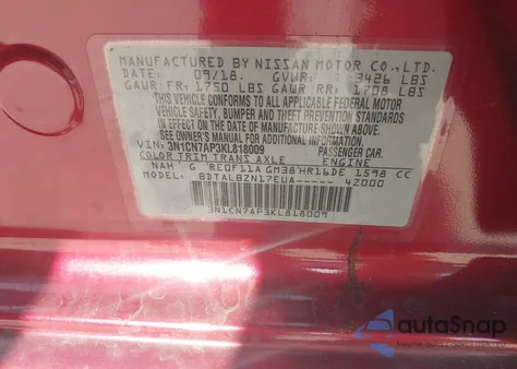 2019 Nissan Versa 1.6 Sv from USA, damaged, VIN 3N1CN7AP3KL818009